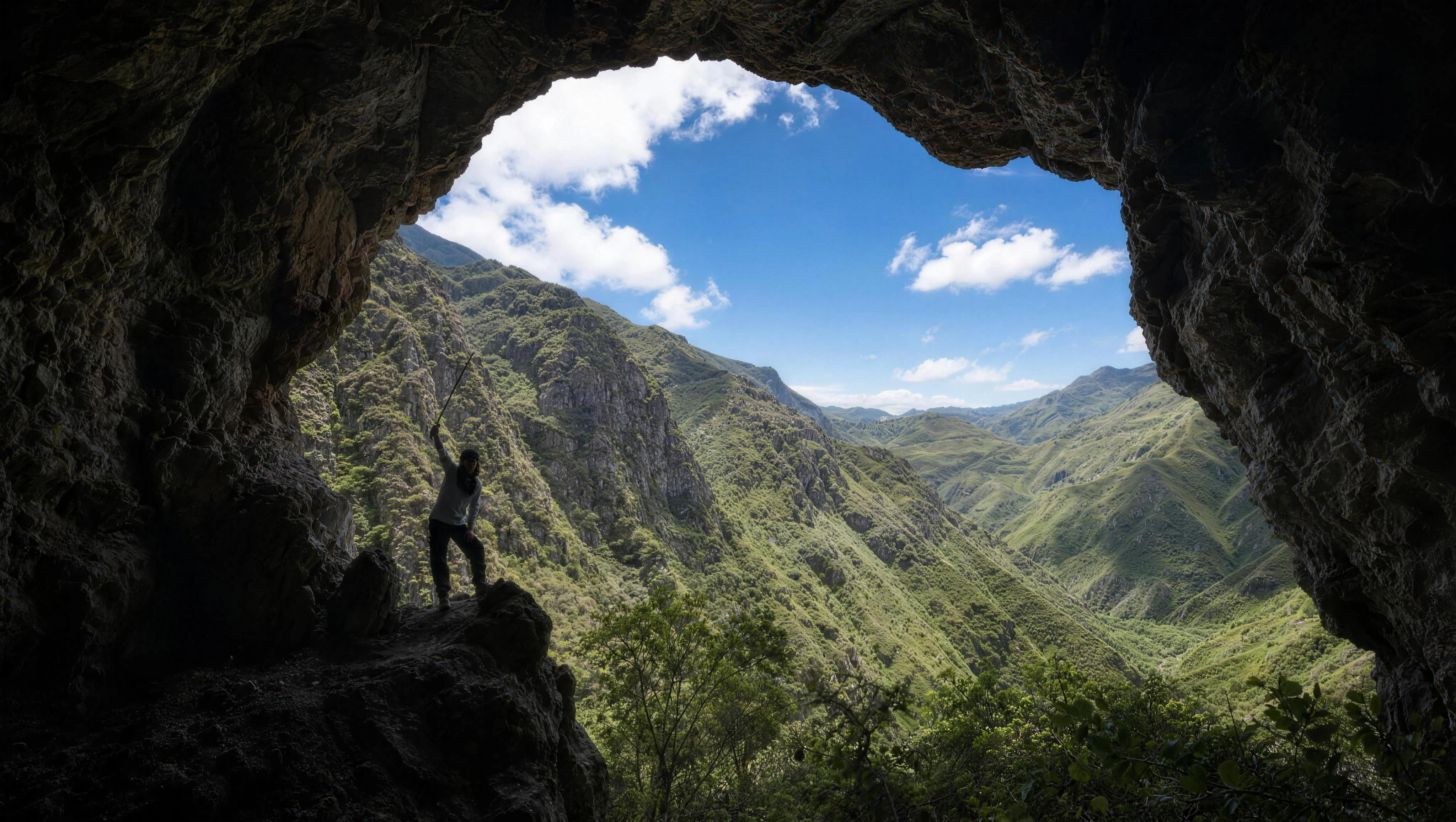 The limestone cave opening framing the Cañar Andes
